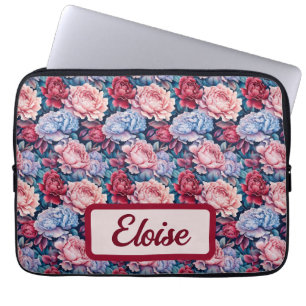 Housse Pour Ordinateur Portable Fleurs bleues et roses Personnalisées