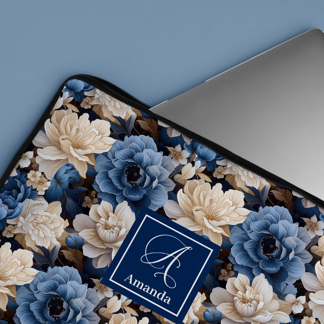 Housse pour ordinateur portable fleurs bleues mari (Stylish Navy Flowers Blue Floral Laptop Sleeve)
