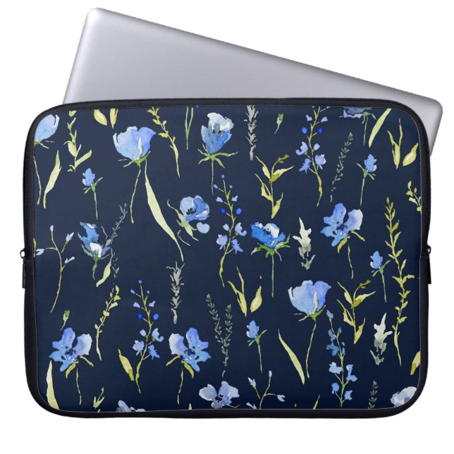 Housse Pour Ordinateur Portable Fleurs bleues rustiques : Illustration botanique. (Devant)