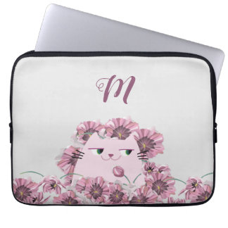 Housse Pour Ordinateur Portable Fleurs chats et violets Monogrammes