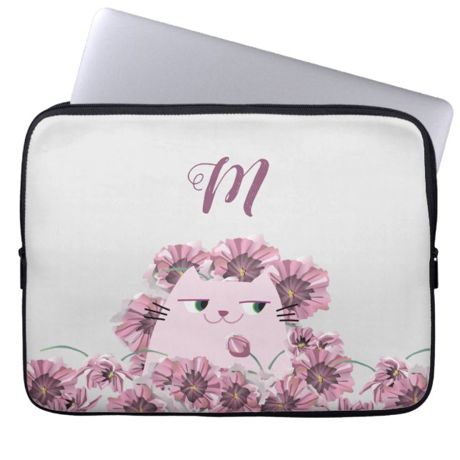 Housse Pour Ordinateur Portable Fleurs chats et violets Monogrammes (Devant)
