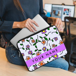 Housse Pour Ordinateur Portable Fleurs Colorées, Fond Bleu, Violet