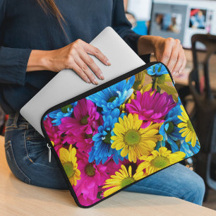 Housse Pour Ordinateur Portable Fleurs colorées, marguerites - Rose Jaune Bleu