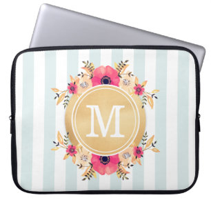 Housse Pour Ordinateur Portable Fleurs d'aquarelle à la menthe Faux or Monogramme
