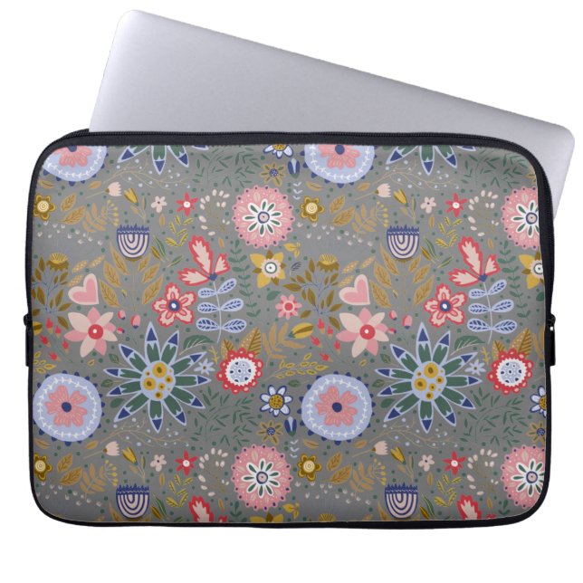 Housse Pour Ordinateur Portable Fleurs d'art populaire Whimsical Gris (Devant)