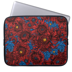 Housse Pour Ordinateur Portable Fleurs de chrysanthème rouge et coléoptères orange