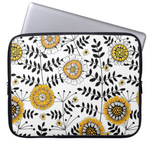 Housse Pour Ordinateur Portable Fleurs de gribouillis et feuilles en jaune et noir