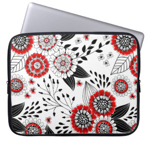 Housse Pour Ordinateur Portable Fleurs de gribouillis et feuilles en rouge et noir