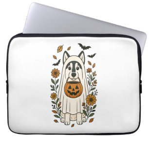 Housse Pour Ordinateur Portable Fleurs de Husky sibérien d'Halloween