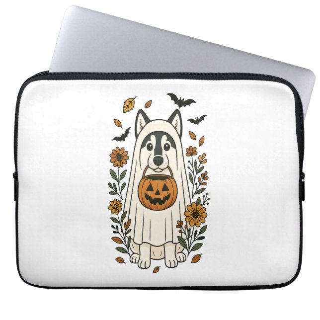 Housse Pour Ordinateur Portable Fleurs de Husky sibérien d'Halloween (Devant)