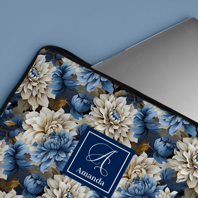 Housse pour ordinateur portable fleurs de luxe mar (Luxury Navy Flowers Blue Floral Laptop Sleeve Case)