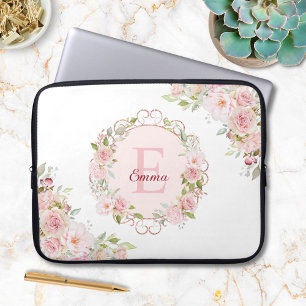 Housse Pour Ordinateur Portable Fleurs de rose rose poudré en aquarelle à monogram