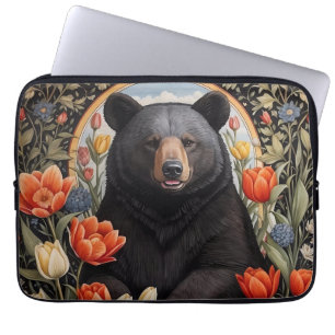 Housse Pour Ordinateur Portable Fleurs de tulipes colorées à l'ours noir