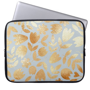 Housse Pour Ordinateur Portable Fleurs d'or, arrière - plan bleu, imitation feuill