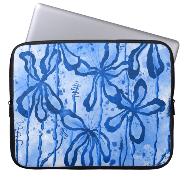 Housse Pour Ordinateur Portable Fleurs encrées Bleues (Devant)
