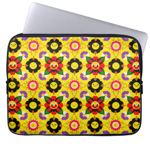 Housse Pour Ordinateur Portable Fleurs et abeilles souriantes de dessin animé