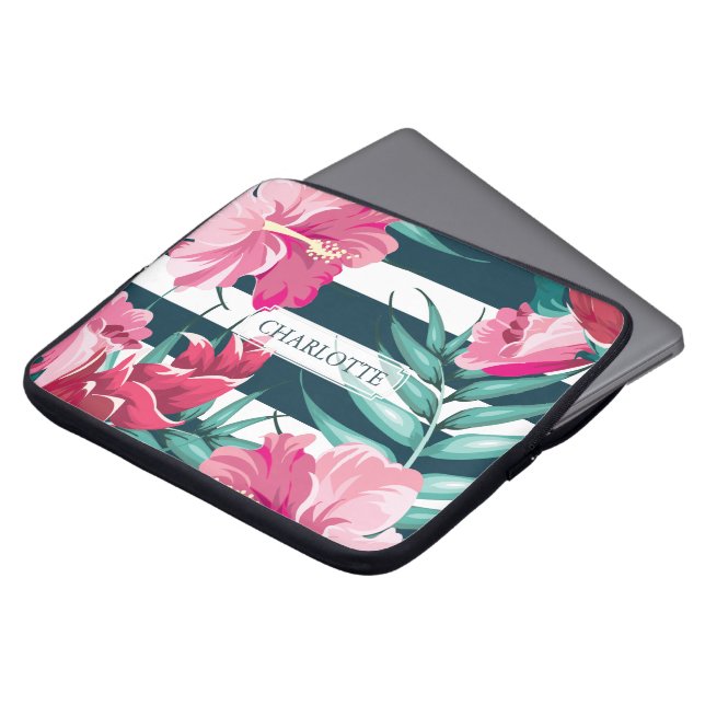Housse Pour Ordinateur Portable Fleurs exotiques Monogramme rayé (Devant haut)