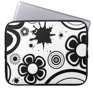 Housse Pour Ordinateur Portable Fleurs fantaisistes noir et blanc, Cercles, Éclabo