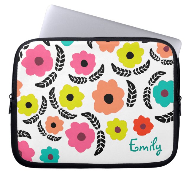 Housse Pour Ordinateur Portable Fleurs lumineuses modernes et feuille noire person (Devant)