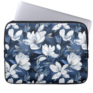Housse Pour Ordinateur Portable Fleurs Magnolia Blanches, Arrière - plan Bleu