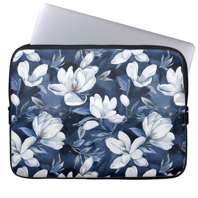 Housse Pour Ordinateur Portable Fleurs Magnolia Blanches, Arrière - plan Bleu (Devant)