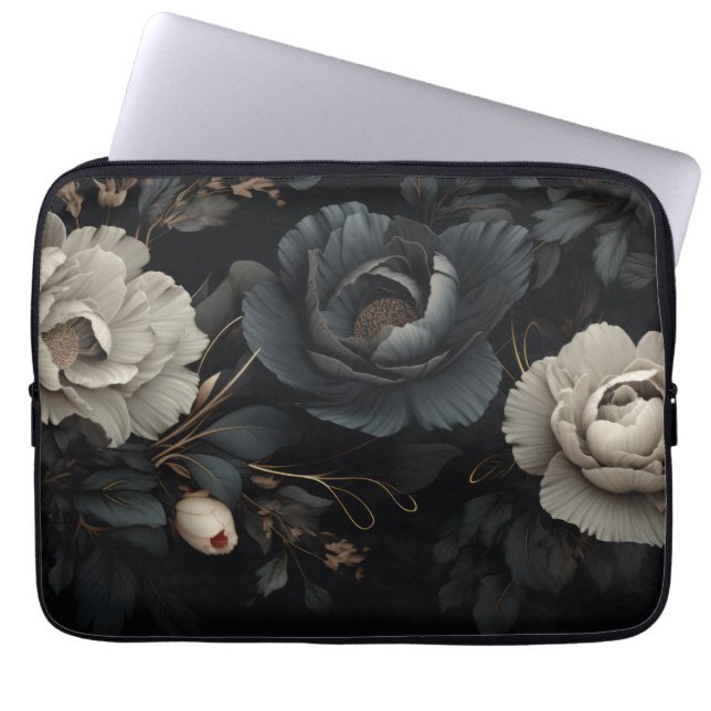 Housse Pour Ordinateur Portable Fleurs noires et blanches (Devant)