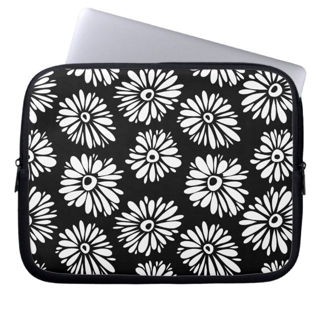 Housse Pour Ordinateur Portable Fleurs noires et blanches funky (Devant)