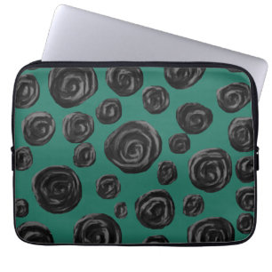 Housse Pour Ordinateur Portable Fleurs noires sur le vert de jade
