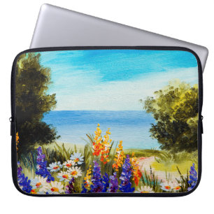 Housse Pour Ordinateur Portable fleurs peintes à l'huile près de la mer, champ de