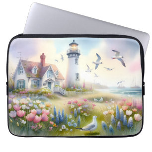 Housse Pour Ordinateur Portable Fleurs printanières au cottage côtier au phare