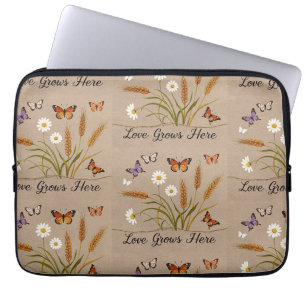 Housse Pour Ordinateur Portable Fleurs sauvages bohémiens, papillons, tiges de blé