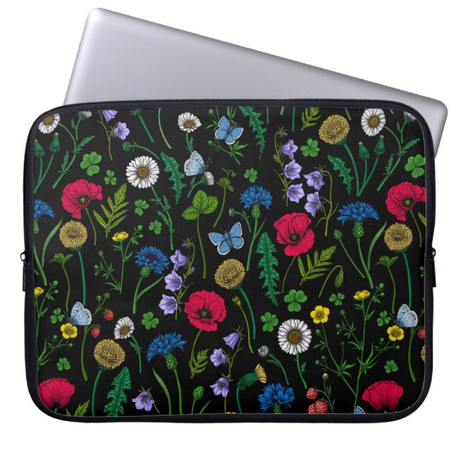 Housse Pour Ordinateur Portable Fleurs sauvages en noir (Devant)