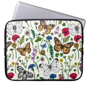 Housse Pour Ordinateur Portable Fleurs sauvages et papillons sur blanc