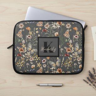 Housse Pour Ordinateur Portable Fleurs sauvages monogrammées aquarelle gris charbo