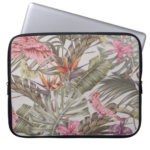 Housse Pour Ordinateur Portable Fleurs tropicales, feuilles de palmiers, oiseau de