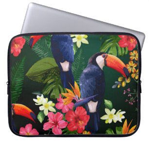 Housse Pour Ordinateur Portable Fleurs tropicales, toucan : arrière - plan floral.