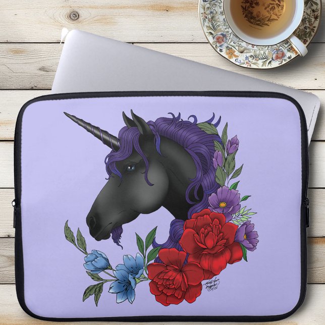Housse Pour Ordinateur Portable Fleurs Unicorne Noire violet (Créateur téléchargé)