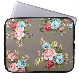 Housse Pour Ordinateur Portable Fleurs vintages roses et bleues avec vert et crème
