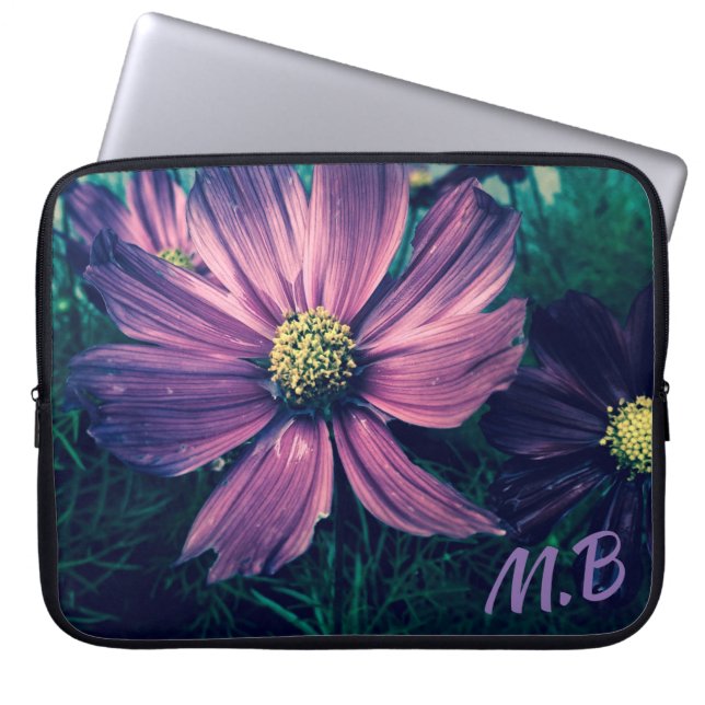 Housse Pour Ordinateur Portable Fleurs Violet Foncé Photo Art Monogramme (Devant)