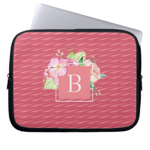 Housse Pour Ordinateur Portable Floral de corail rose et Abstrait initial monogram