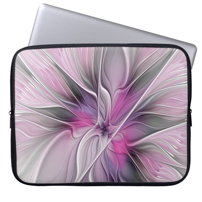 Housse Pour Ordinateur Portable Floral Fractal moderne Fleur Abstraite rose gris (Devant)