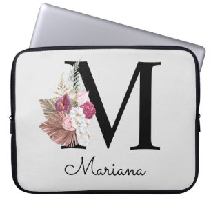Housse Pour Ordinateur Portable Floral M rose Boho initial monogramme