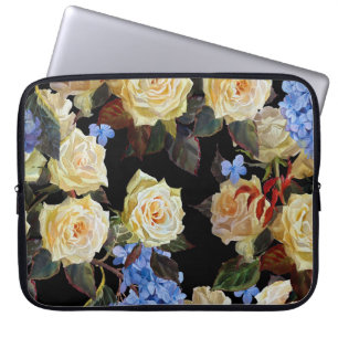 Housse Pour Ordinateur Portable Floral motif moderne, roses blanches, hydrangée bl