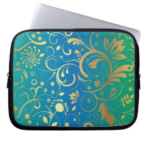 Housse Pour Ordinateur Portable Flore dorée sur dégradé vert et bleu Retour