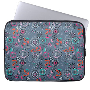 Housse Pour Ordinateur Portable Folk ethnique abstrait motif floral rétro gris blu