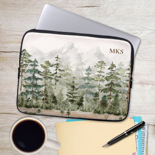 Housse Pour Ordinateur Portable Forêt de pins verte aquarelle sur montagne monogra