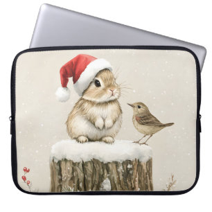 Housse Pour Ordinateur Portable Forêt enneigée Bois hivernal Noël Lapin Oiseau