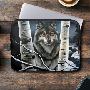 Housse Pour Ordinateur Portable Forêt mystique de bouleaux loup alpha hivernal fau