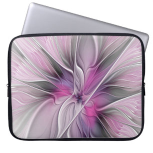Housse Pour Ordinateur Portable Fractal Floral Moderne Abstrait Fleur Rose Gris