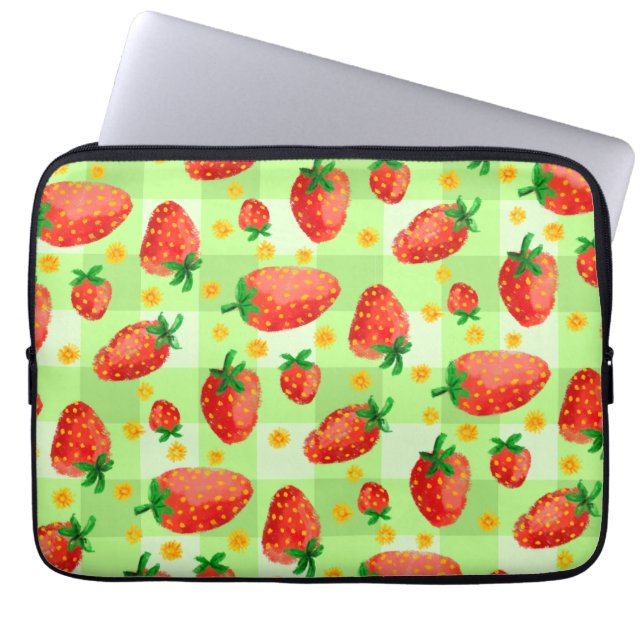 Housse Pour Ordinateur Portable Fraises et marguerites à l'aquarelle plaid (Devant)